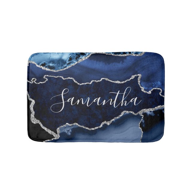 Blau und Imitate Silver Glitzer Marmorflasche Badematte (Vorderseite)