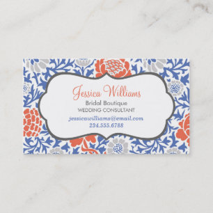 Blau und Korallenretro Floral Damask Visitenkarte