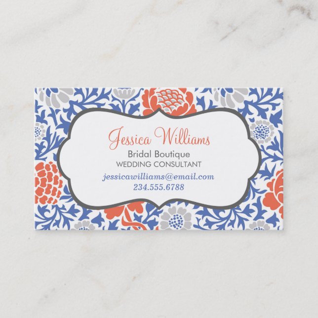 Blau und Korallenretro Floral Damask Visitenkarte (Vorderseite)