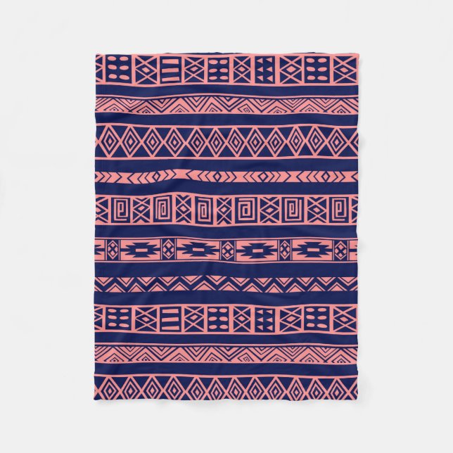 Blau und KorallenrotTribal Geometrisches Muster Fleecedecke (Vorderseite)