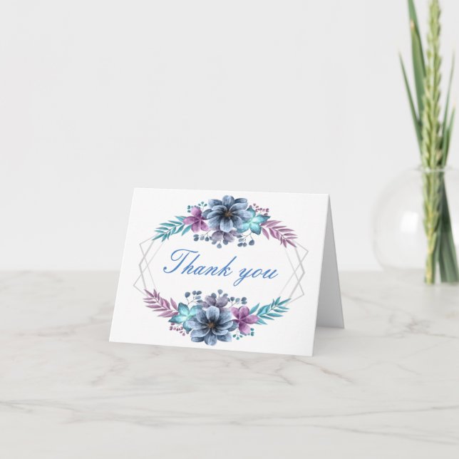 Blau und Lila Aquarellblumen Dankeskarte (Vorderseite)