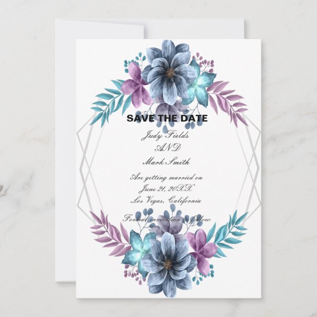 Blau und Lila Aquarellblumen Save The Date (Vorderseite)