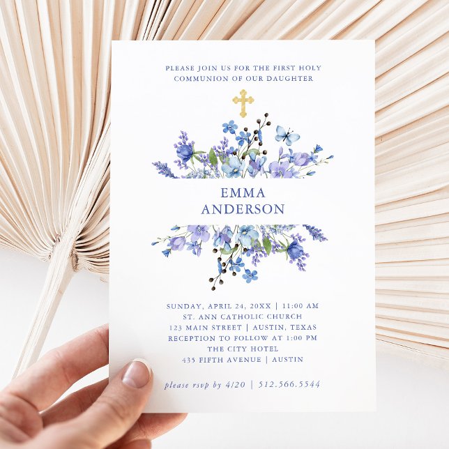 Blau und Lila | Floral First Heilige Kommunion Einladung (Von Creator hochgeladen)