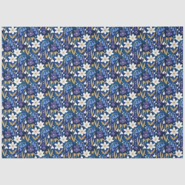 Blau und Lila Illustrierte Blumendekoupage Seidenpapier (Vorderseite)
