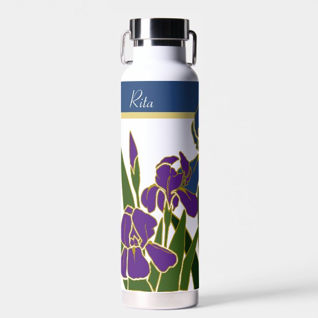Blau und Lila Iris mit Name Trinkflasche (Vorne)