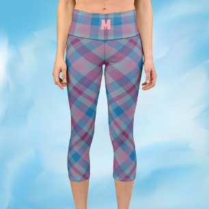Blau-und lila karierte Monogramm-Capri-Leggings Capri Leggings