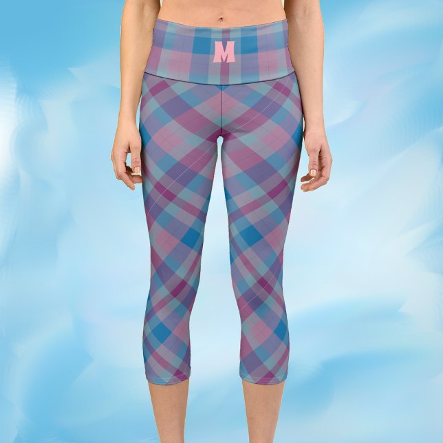 Blau-und lila karierte Monogramm-Capri-Leggings Capri Leggings (Von Creator hochgeladen)