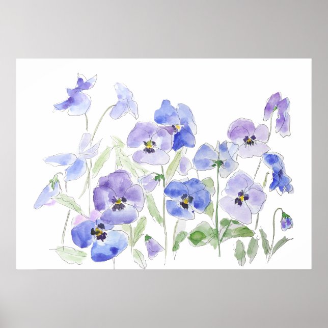 Blau und lila Pansie Aquarell Poster (Vorne)