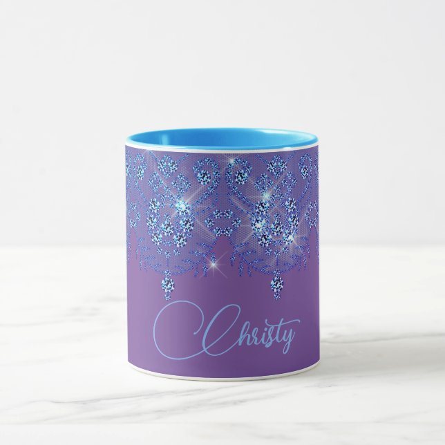 Blau und lila Spitzen elegante Funkeln Diamant Tas Tasse (Zentrum)