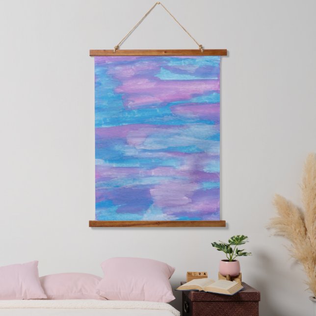 Blau und Lila Swirl Abstrakt Wandteppich Mit Holzrahmen (Schlafzimmer)
