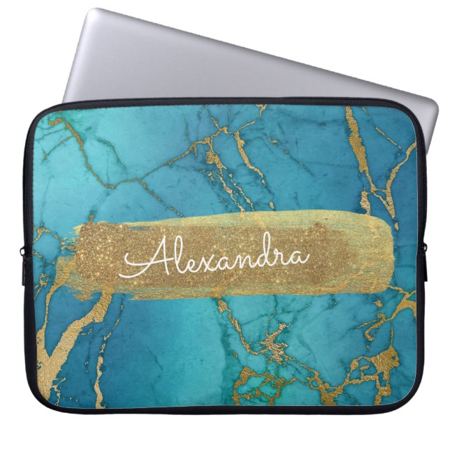 Blau und Marmor mit Goldfolie und Glitzer Laptopschutzhülle (Vorderseite)