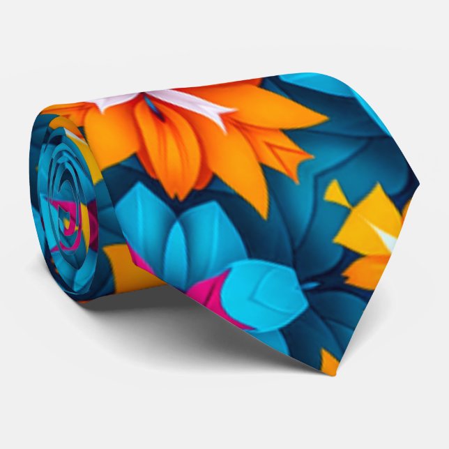 Blau und Orange Blume Muster Neck Tie Krawatte (Gerollt)