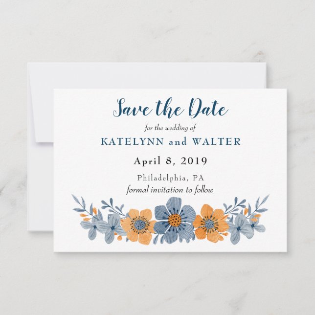 Blau und orange Blume Speichern der Datumskarten Save The Date (Vorderseite)