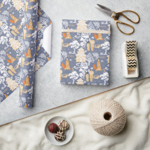 Blau und Orange Chinoiserie Pagodas Geschenkpapier