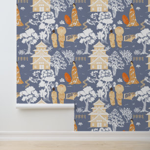 Blau und Orange Chinoiserie Tapete