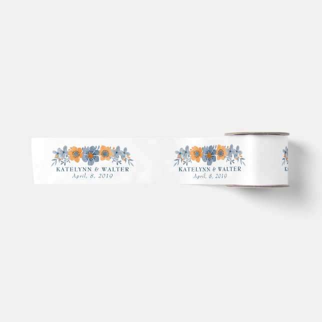 Blau- und Orangefarbene Blume Hochzeiten von kunde Satinband (Vorderseite)