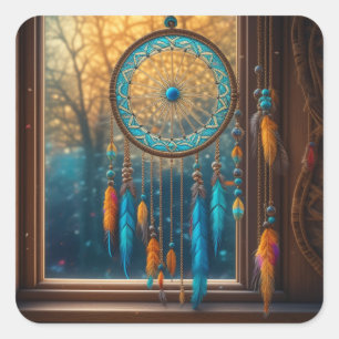 Blau und orangefarbener Dreamcatcher in Windows Quadratischer Aufkleber
