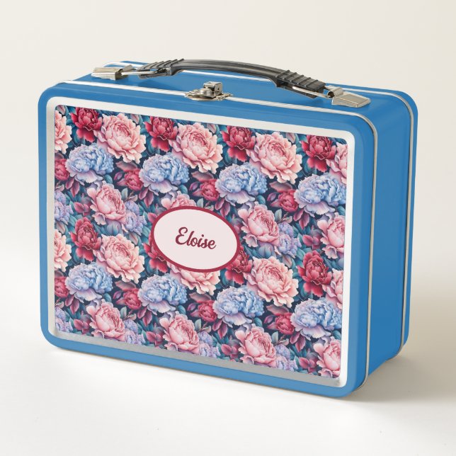 Blau und Rosa Blume Personalisiert Metall Brotdose (Vorderseite)