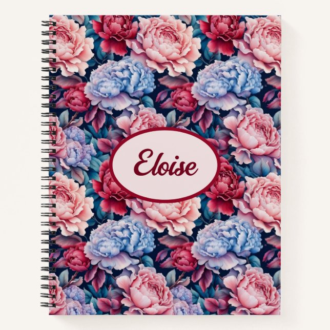 Blau und Rosa Blume Personalisiert Notizbuch (Vorderseite)
