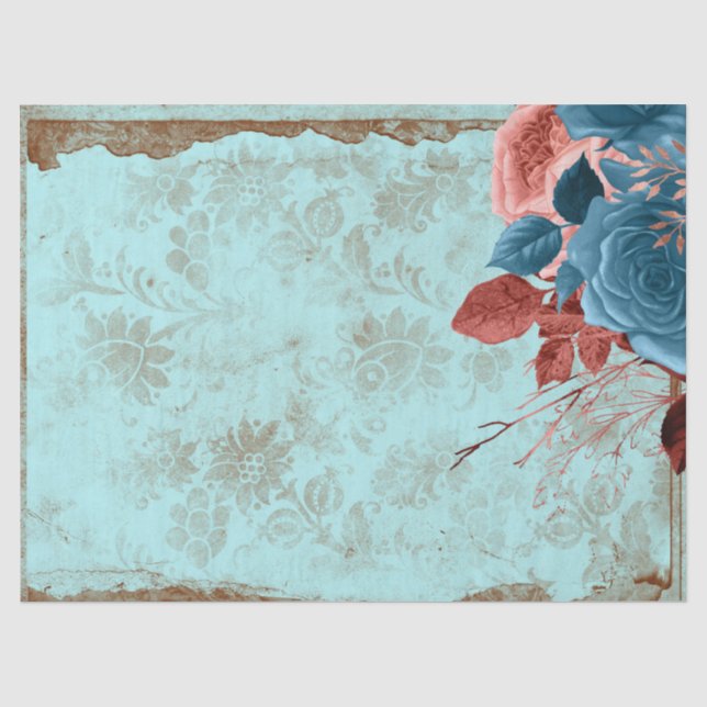 Blau und Rosa Blumen auf Türkis Dekoupage Seidenpapier (Vorderseite)