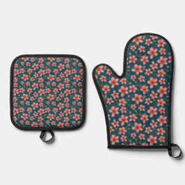Blau und Rosa Blumen Ofenhandschuh & Topflappen-Set