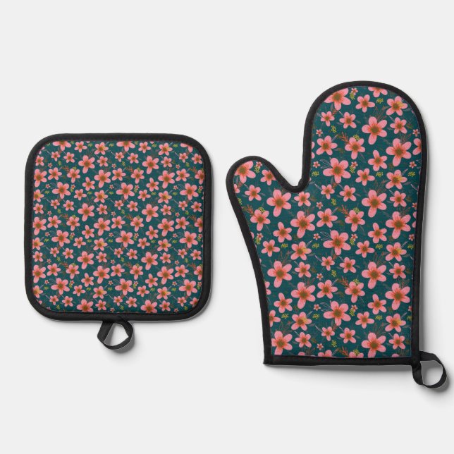 Blau und Rosa Blumen Ofenhandschuh & Topflappen-Set (Vorderseite)