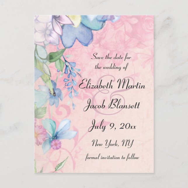 Blau und Rosa Blüten Save the Date Einladungspostkarte (Vorderseite)