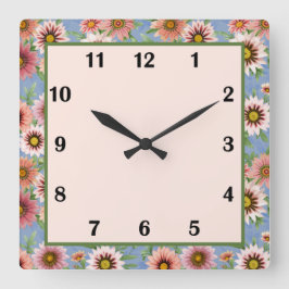 Blau und Rosa Daisy Botanische Kunst Quadratische Wanduhr