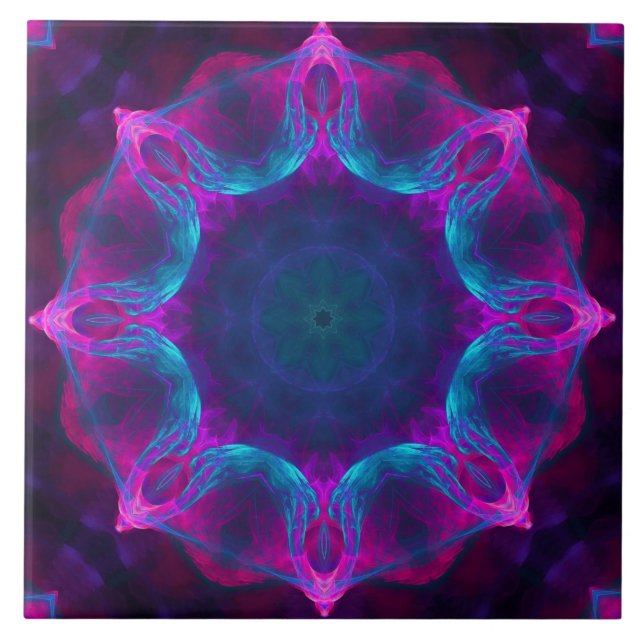 Blau und Rosa Neon Dark Kaleidoskop Gradient Fliese (Vorderseite)