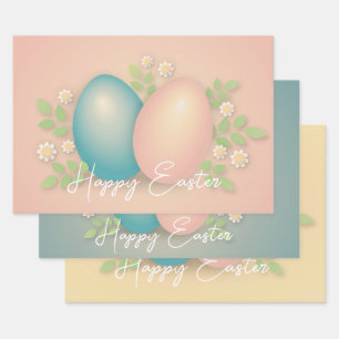 Blau- und rosa Ostereier und Frühlingsblüten Geschenkpapier Set