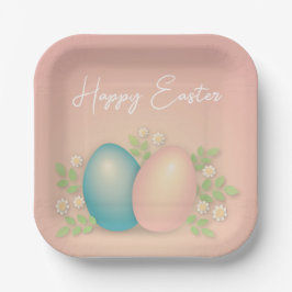 Blau- und rosa Ostereier und Frühlingsblüten Pappteller