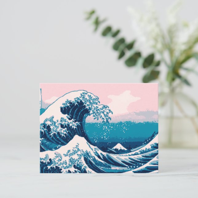 Blau und Rosa Pixel Great Wave Postkarte (Stehend Vorderseite)
