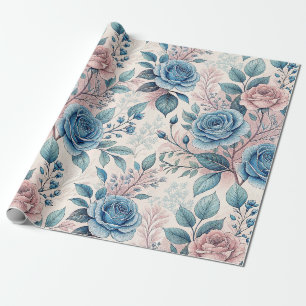 Blau- und rosa Rosenmuster auf Weich-Pinkisch-Weiß Geschenkpapier