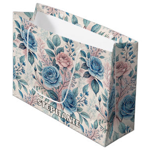 Blau- und rosa Rosenmuster auf Weich-Pinkisch-Weiß Große Geschenktüte