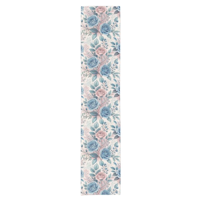 Blau- und rosa Rosenmuster auf Weich-Pinkisch-Weiß Kurzer Tischläufer (Vorderseite)