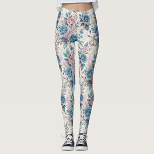 Blau- und rosa Rosenmuster auf Weich-Pinkisch-Weiß Leggings