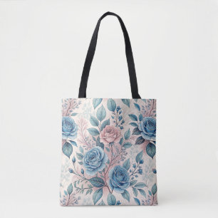 Blau- und rosa Rosenmuster auf Weich-Pinkisch-Weiß Tasche