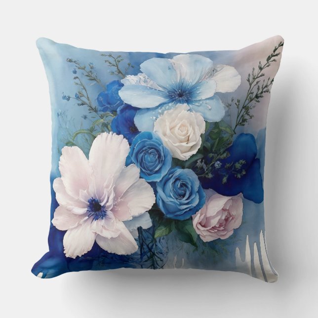 Blau und Rosa Weich Wasserfarben Blumen Kissen (Vorderseite)