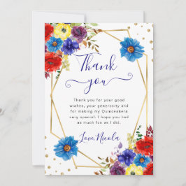Blau und Rot Blume Frame Quinceanera Dankeskarte