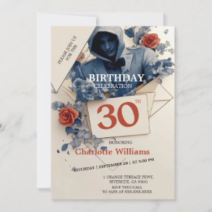 Blau und Rote Rose Gothic 30. Geburtstag Einladung