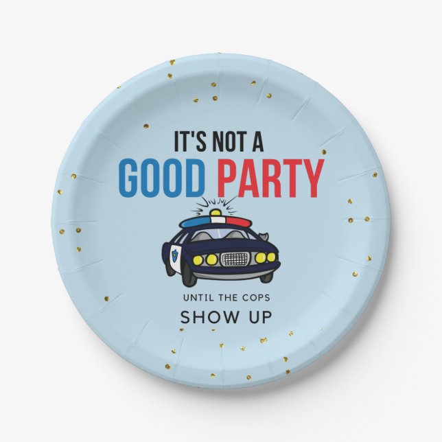 Blau- und Rottöner-Polizisten zeigen Papierplatte  Pappteller (Vorderseite)