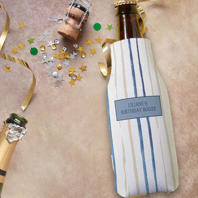 Blau und Sand Personalisiert gestreift Flaschenkühler (Personalized Cooler from my Floral Number Birthday Party Collection)