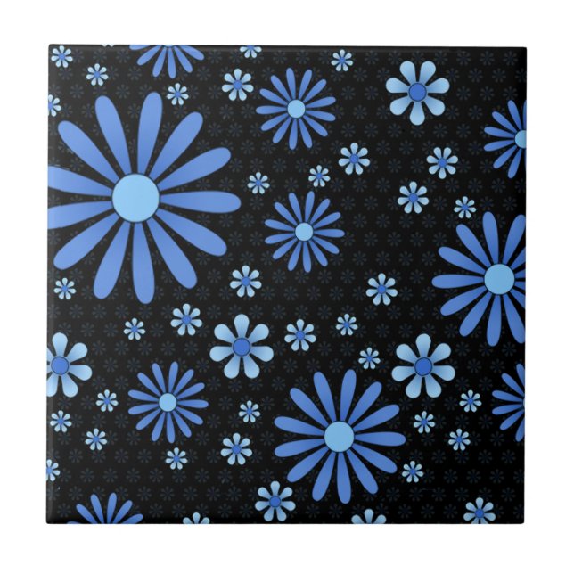 Blau- und Schwarz-Blumenkraft Retro-Blumenmuster Fliese (Vorderseite)