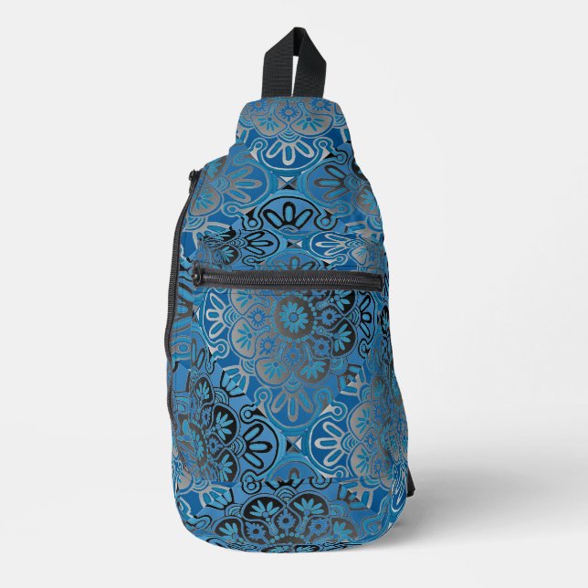 Blau und schwarz geflieste Muster Sack Tasche Ruck (Vorderseite)