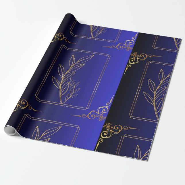 Blau und schwarz Gradient Golden Frame Gemustert Geschenkpapier (Ungerollt)