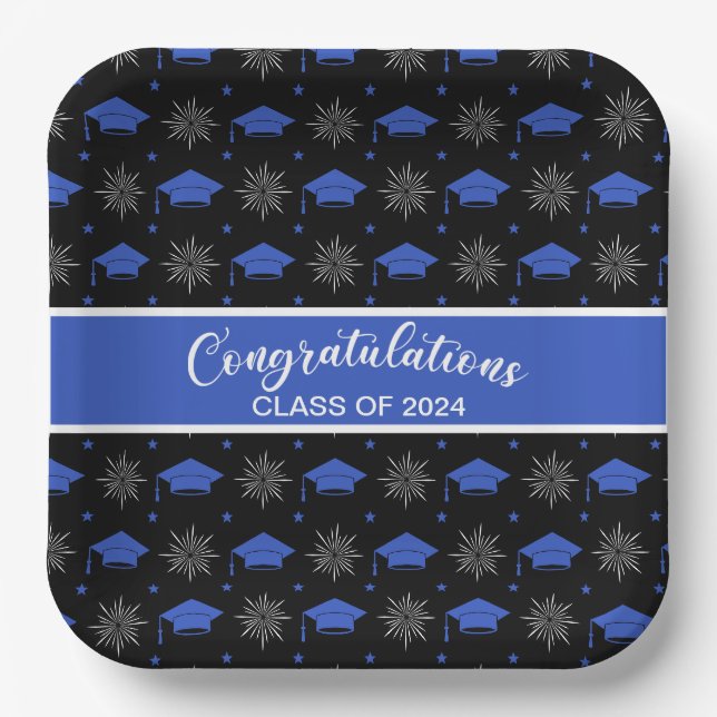 Blau- und Schwarz-Graduierungs-Cap-Muster Pappteller (Vorderseite)
