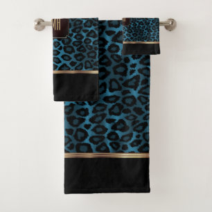 Blau- und Schwarz-Leopard-Muster mit Monogramm Badhandtuch Set