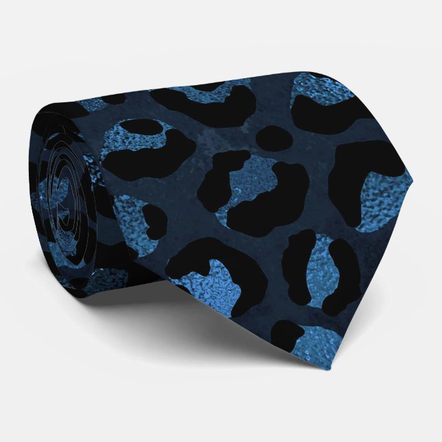 Blau und Schwarz Leopardendruck Krawatte (Gerollt)