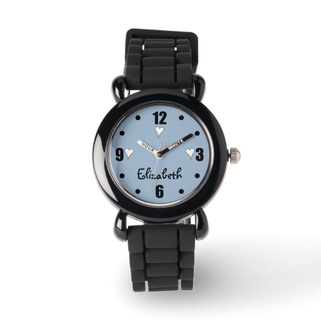 Blau und Schwarz mit Herz und Namen Armbanduhr (Vorderseite)