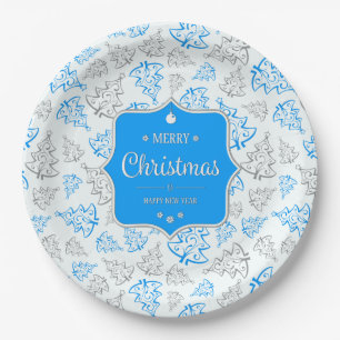 Blau und Silber Elegantes Weihnachtsbaummuster Pappteller